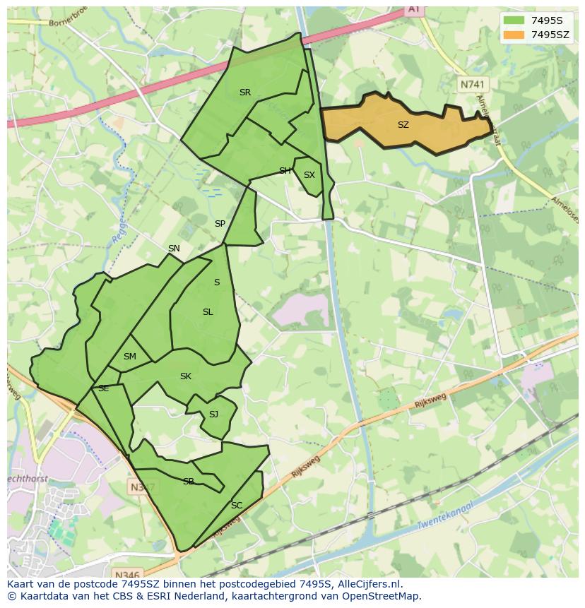 Afbeelding van het postcodegebied 7495 SZ op de kaart.