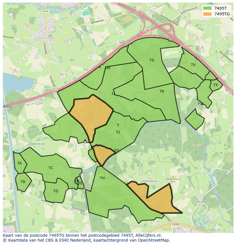 Afbeelding van het postcodegebied 7495 TG op de kaart.
