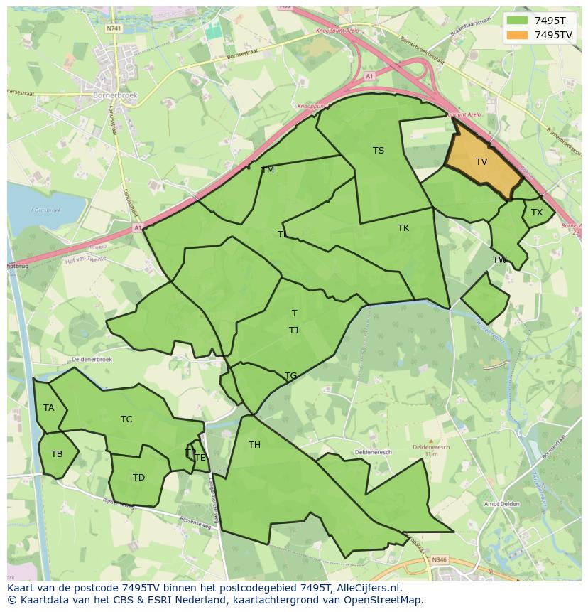 Afbeelding van het postcodegebied 7495 TV op de kaart.