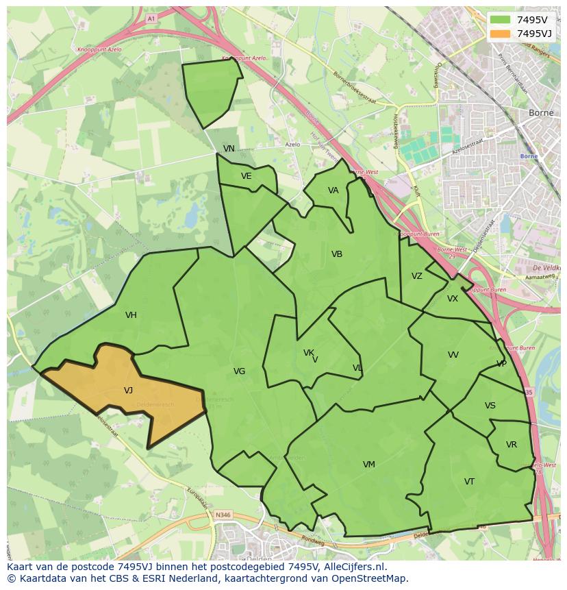 Afbeelding van het postcodegebied 7495 VJ op de kaart.