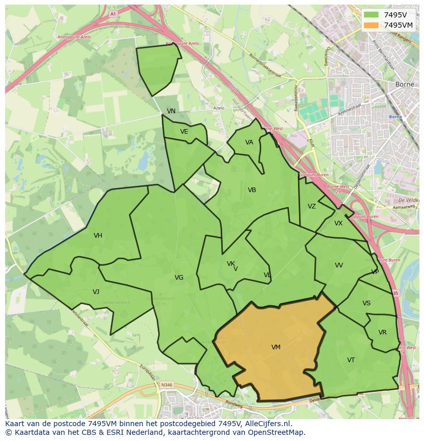 Afbeelding van het postcodegebied 7495 VM op de kaart.