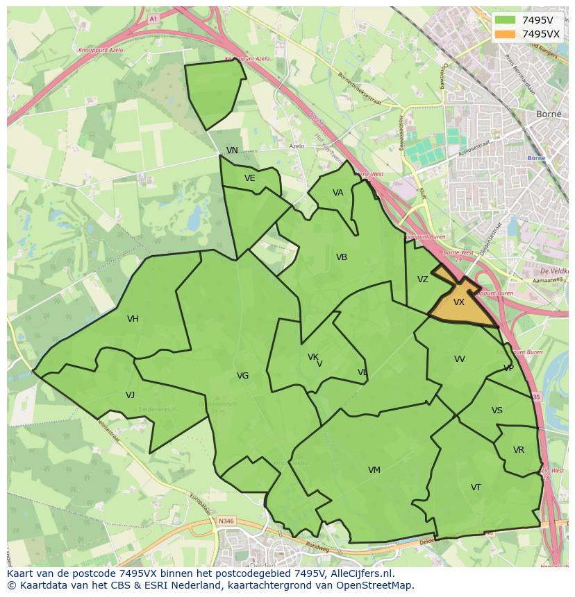 Afbeelding van het postcodegebied 7495 VX op de kaart.