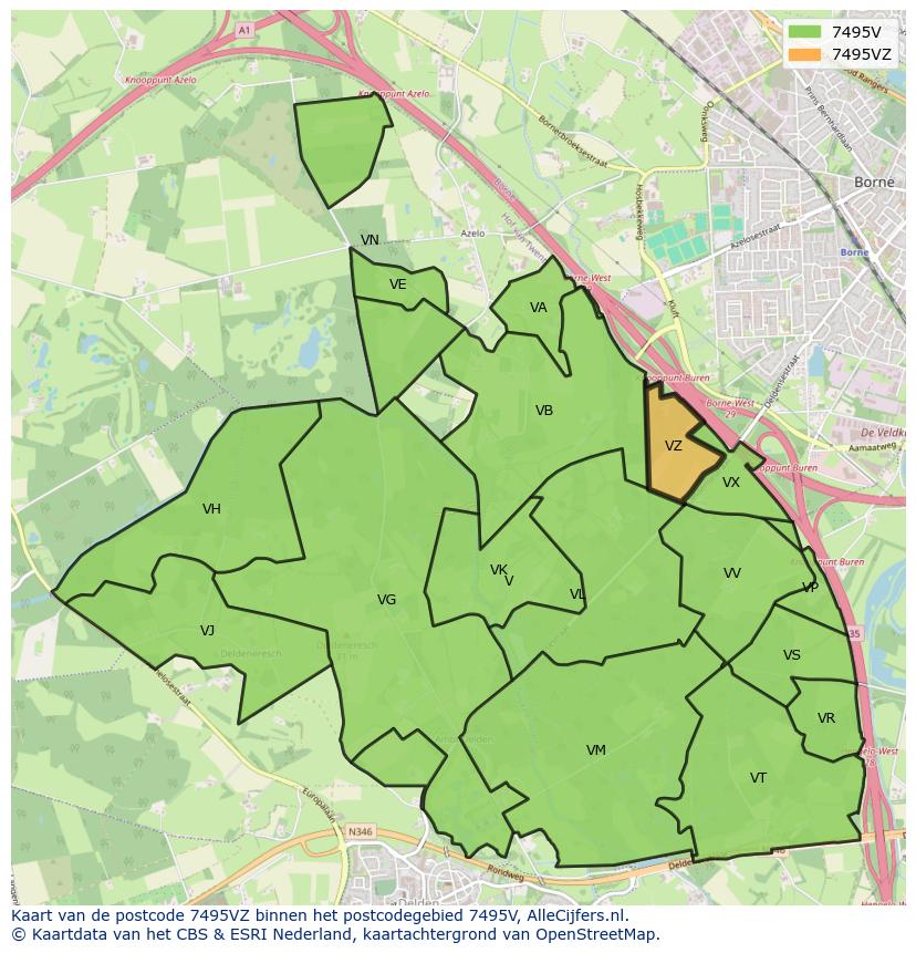 Afbeelding van het postcodegebied 7495 VZ op de kaart.