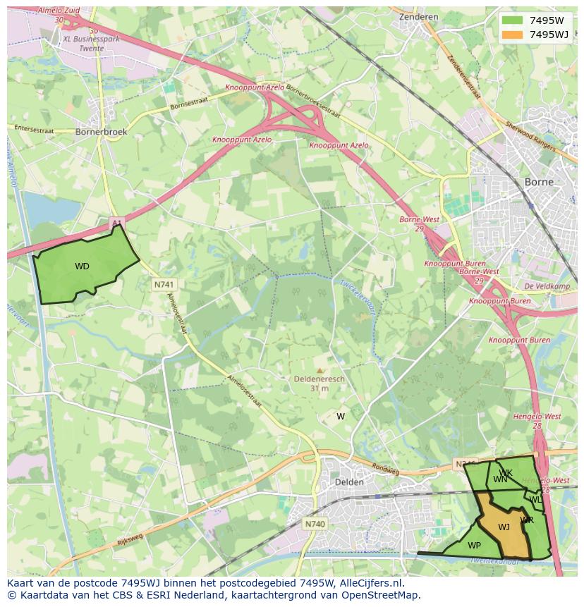Afbeelding van het postcodegebied 7495 WJ op de kaart.