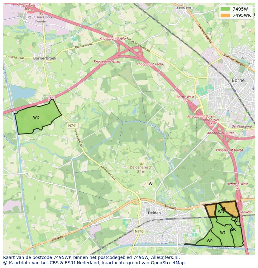 Afbeelding van het postcodegebied 7495 WK op de kaart.