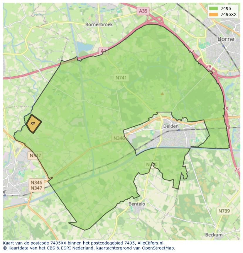 Afbeelding van het postcodegebied 7495 XX op de kaart.