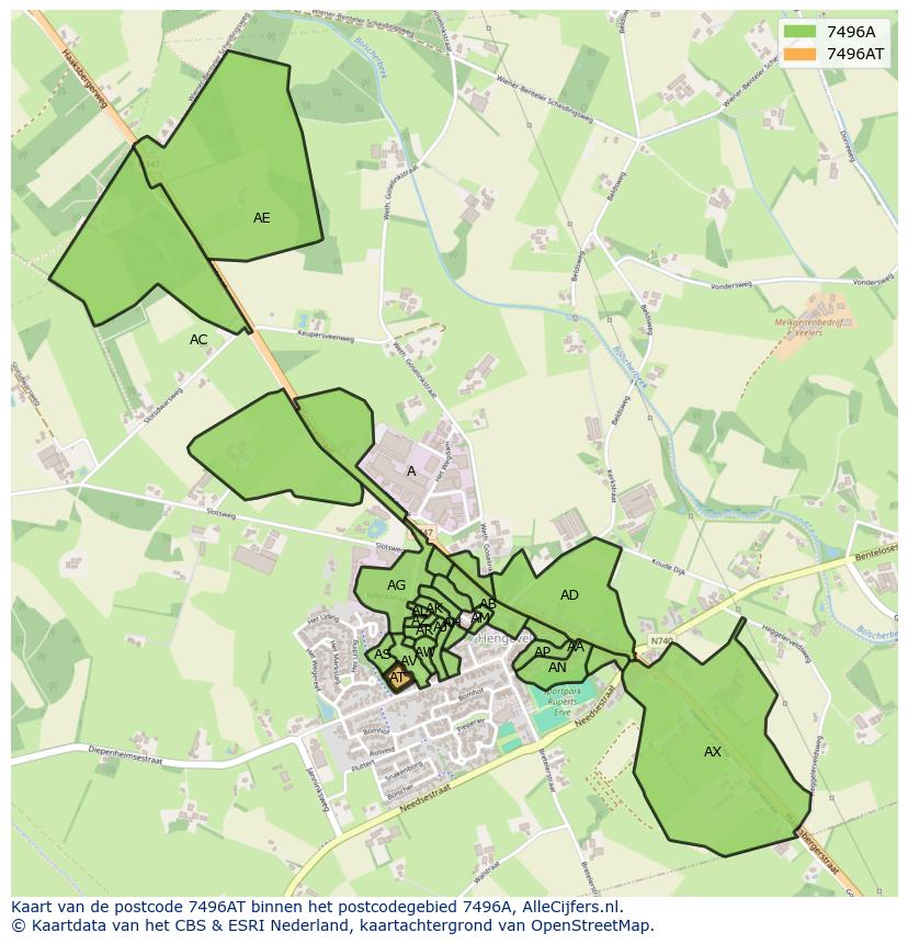 Afbeelding van het postcodegebied 7496 AT op de kaart.