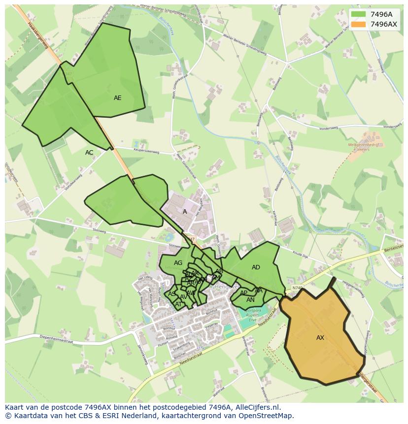 Afbeelding van het postcodegebied 7496 AX op de kaart.