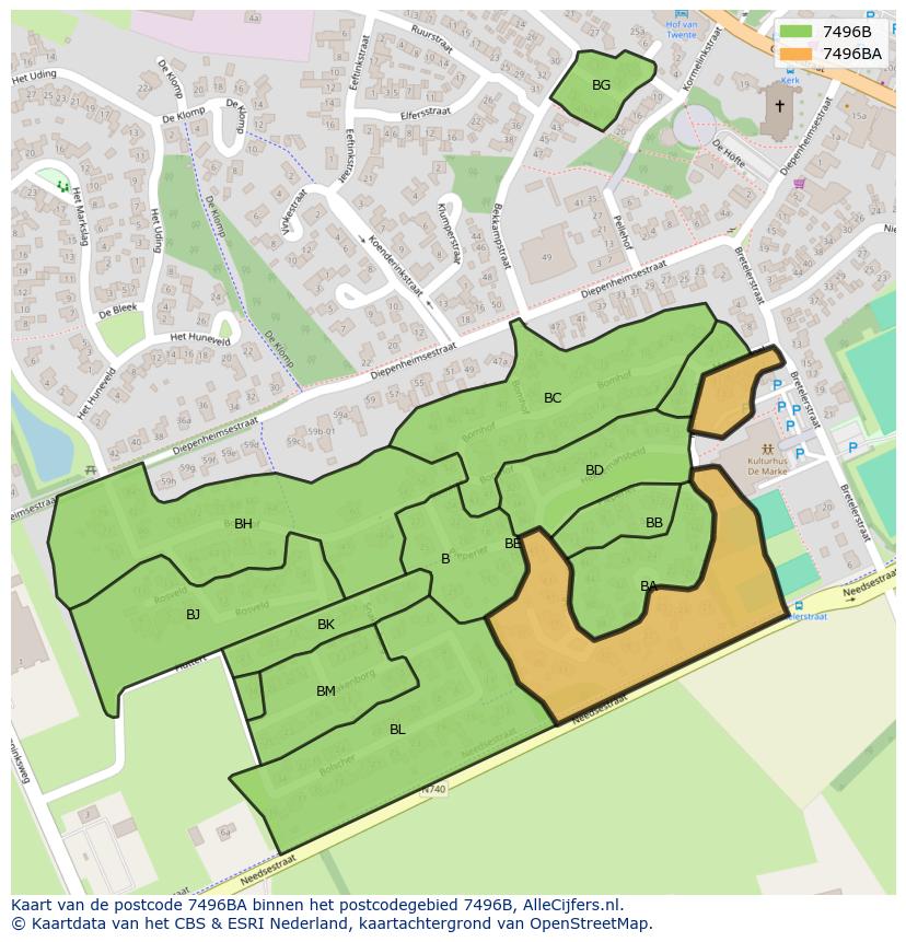 Afbeelding van het postcodegebied 7496 BA op de kaart.