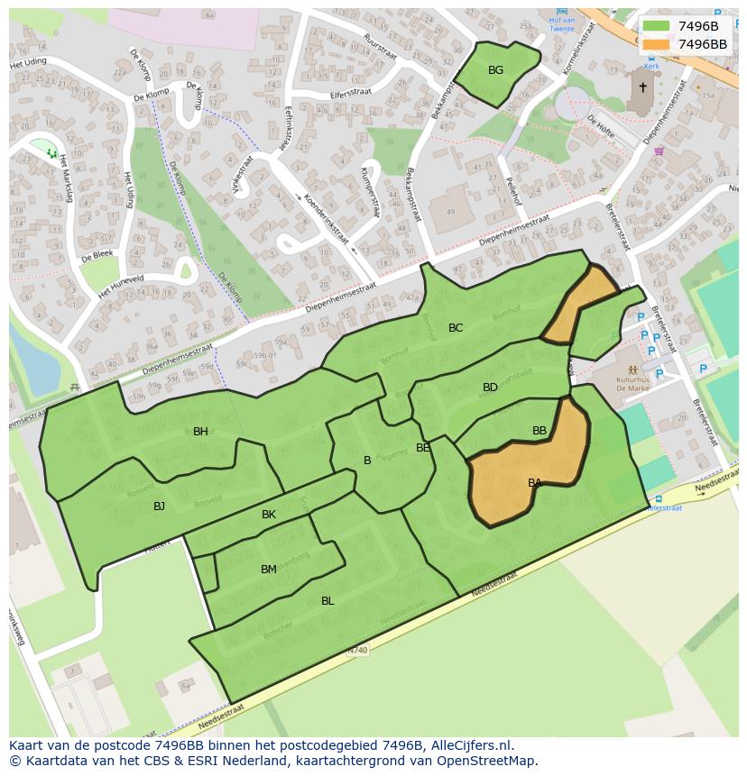 Afbeelding van het postcodegebied 7496 BB op de kaart.