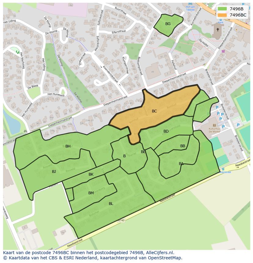 Afbeelding van het postcodegebied 7496 BC op de kaart.