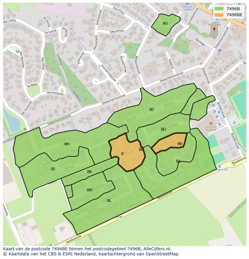 Afbeelding van het postcodegebied 7496 BE op de kaart.