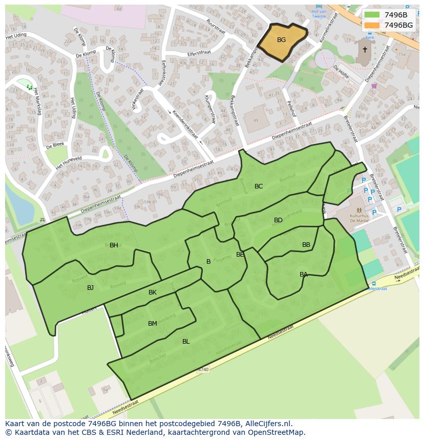Afbeelding van het postcodegebied 7496 BG op de kaart.