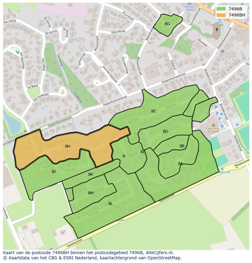 Afbeelding van het postcodegebied 7496 BH op de kaart.