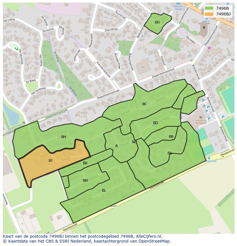 Afbeelding van het postcodegebied 7496 BJ op de kaart.