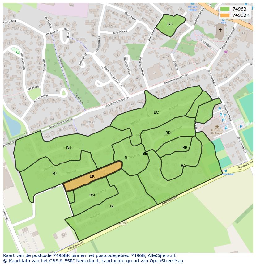 Afbeelding van het postcodegebied 7496 BK op de kaart.