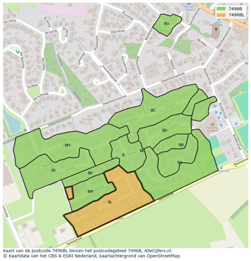 Afbeelding van het postcodegebied 7496 BL op de kaart.