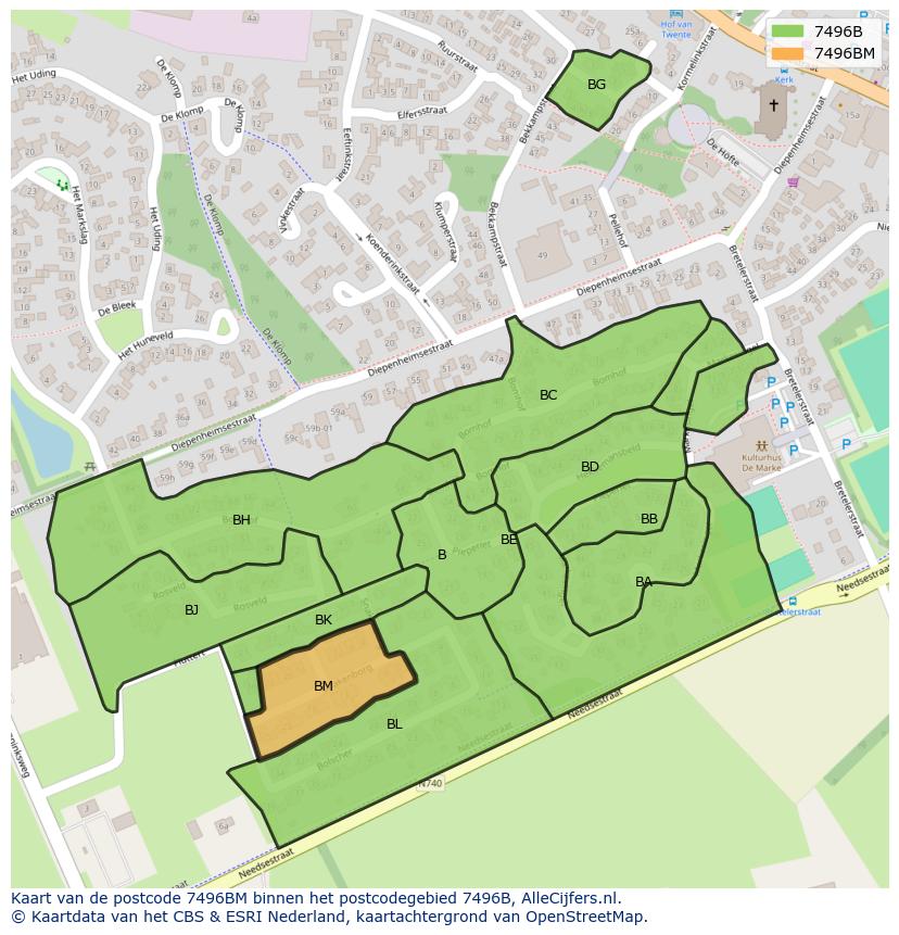 Afbeelding van het postcodegebied 7496 BM op de kaart.
