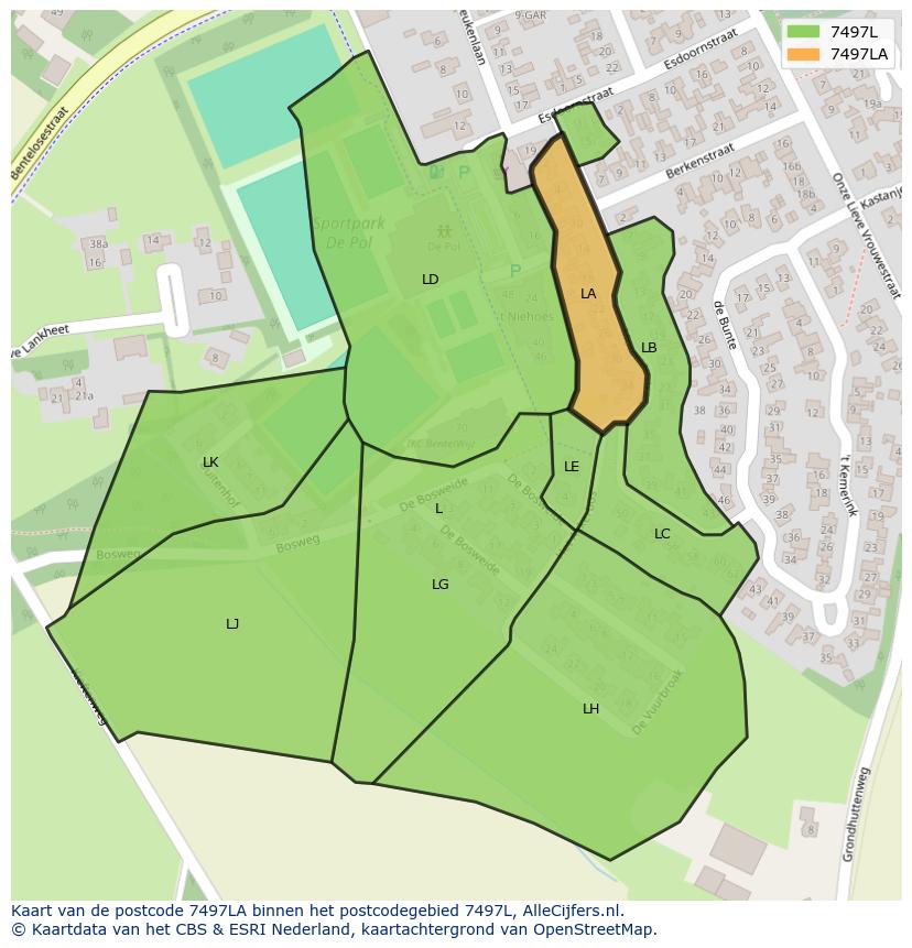 Afbeelding van het postcodegebied 7497 LA op de kaart.