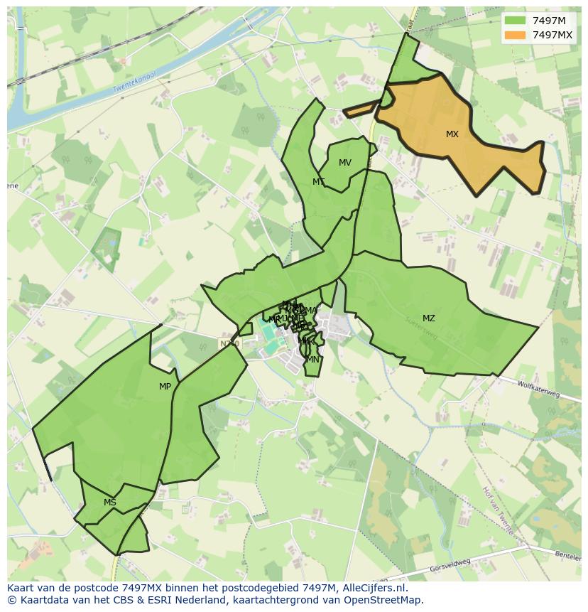 Afbeelding van het postcodegebied 7497 MX op de kaart.