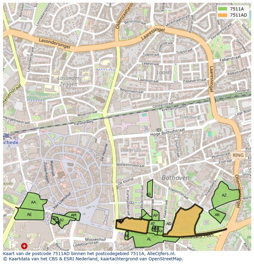 Afbeelding van het postcodegebied 7511 AD op de kaart.