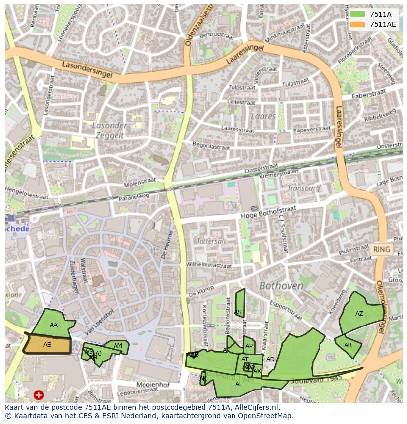 Afbeelding van het postcodegebied 7511 AE op de kaart.