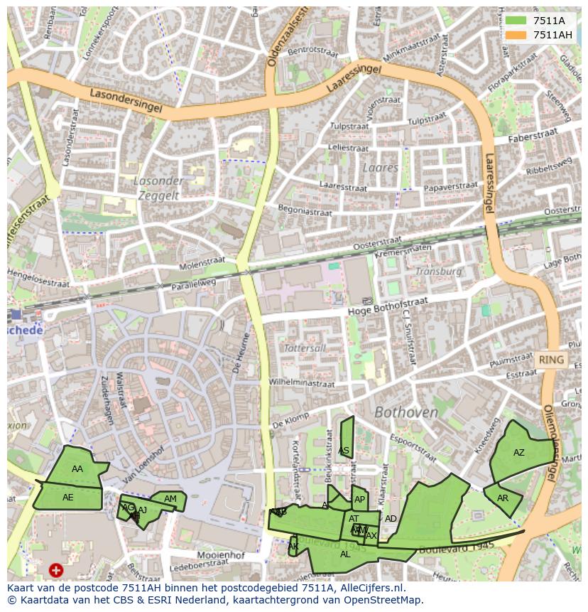 Afbeelding van het postcodegebied 7511 AH op de kaart.
