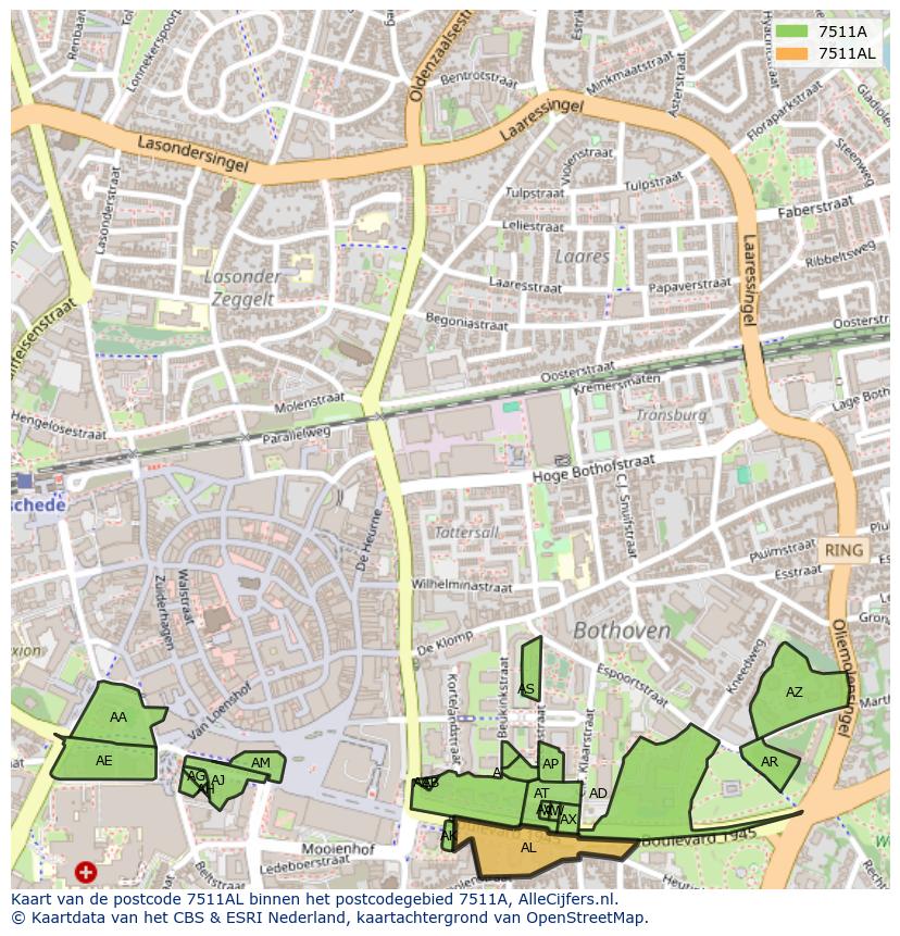 Afbeelding van het postcodegebied 7511 AL op de kaart.