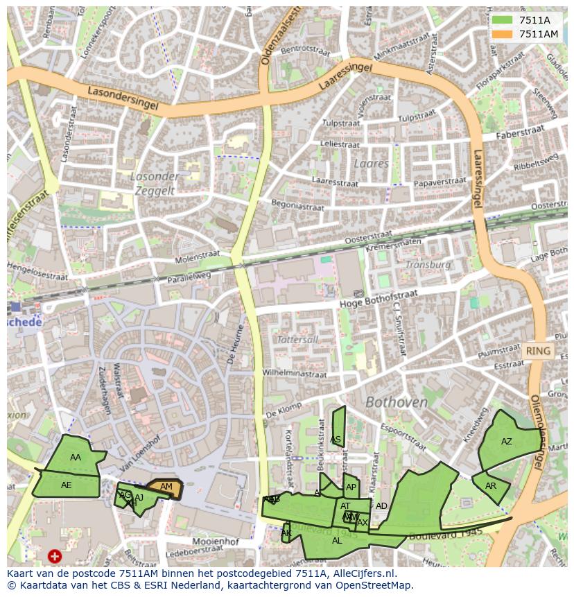 Afbeelding van het postcodegebied 7511 AM op de kaart.