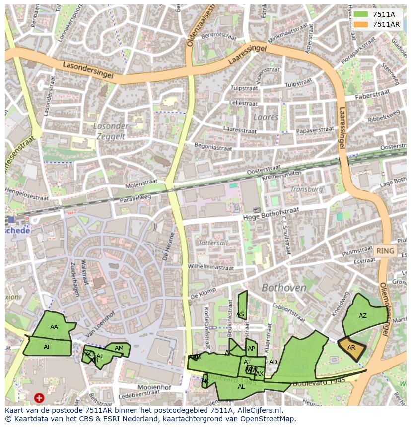 Afbeelding van het postcodegebied 7511 AR op de kaart.