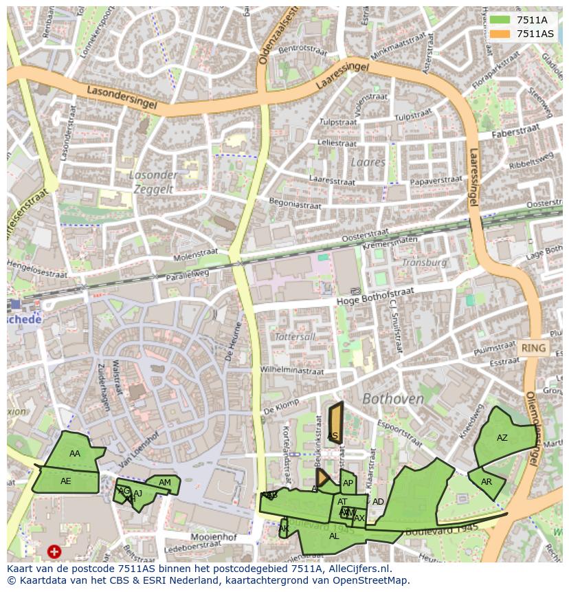 Afbeelding van het postcodegebied 7511 AS op de kaart.