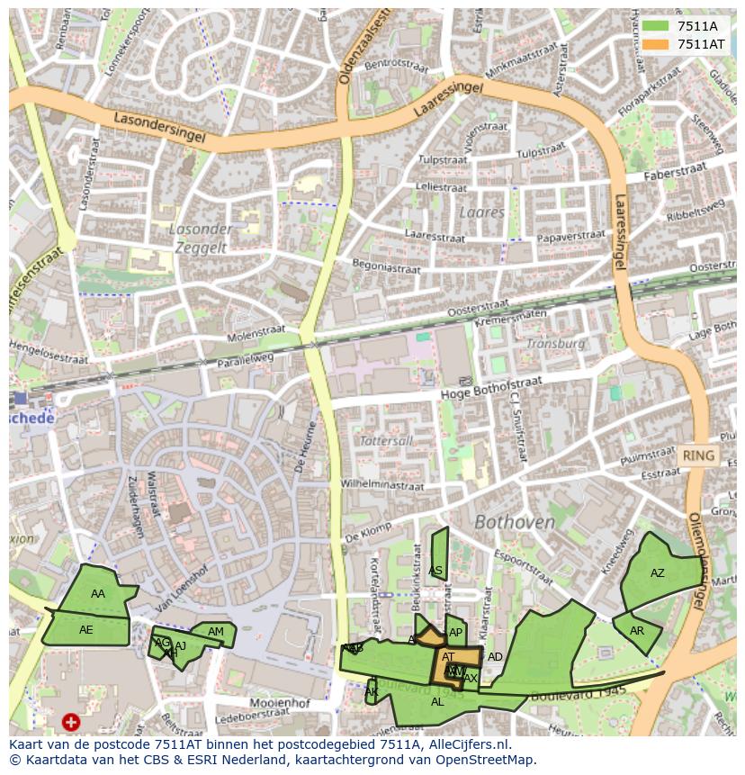 Afbeelding van het postcodegebied 7511 AT op de kaart.