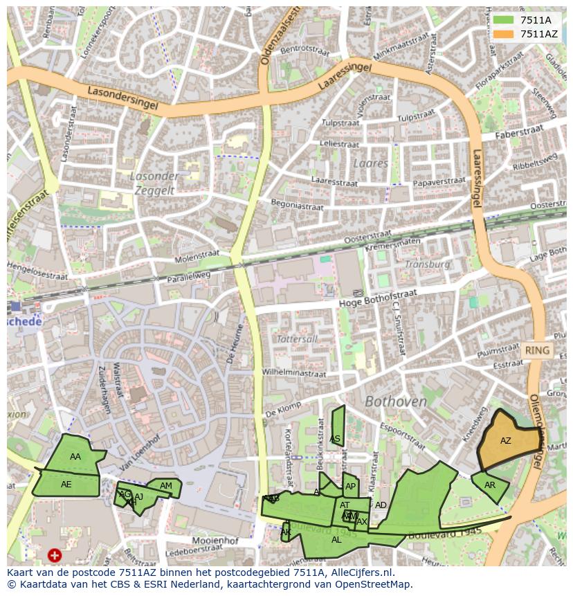 Afbeelding van het postcodegebied 7511 AZ op de kaart.