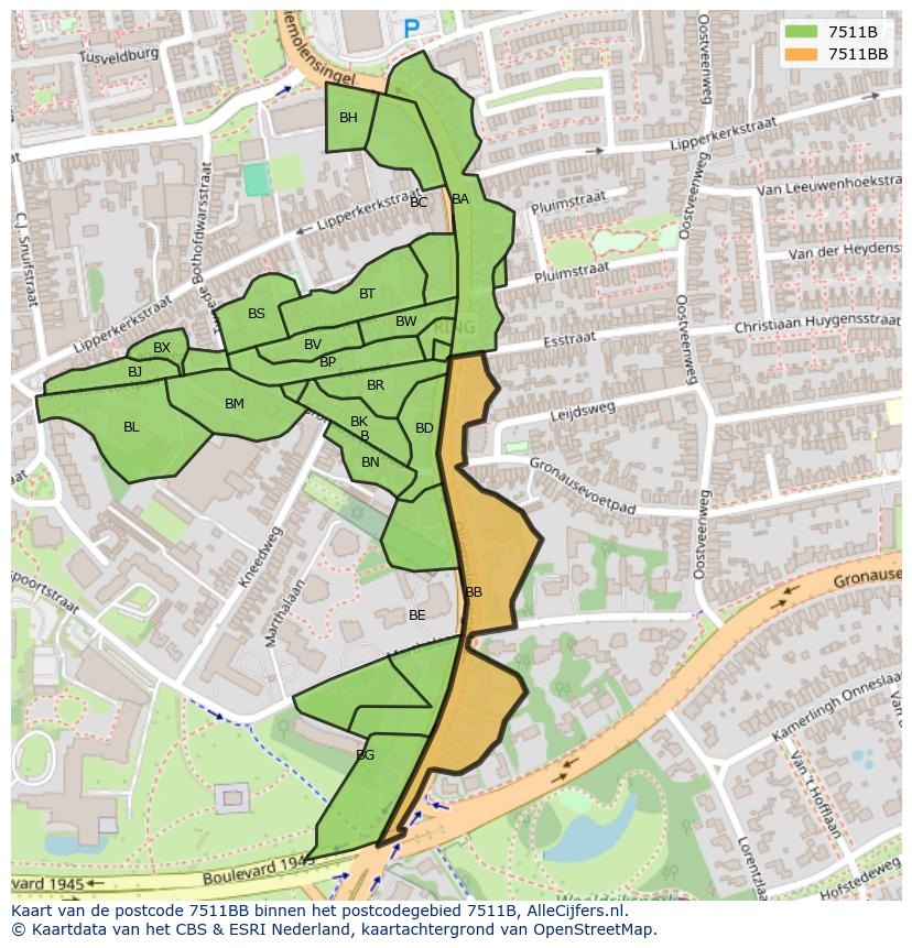 Afbeelding van het postcodegebied 7511 BB op de kaart.