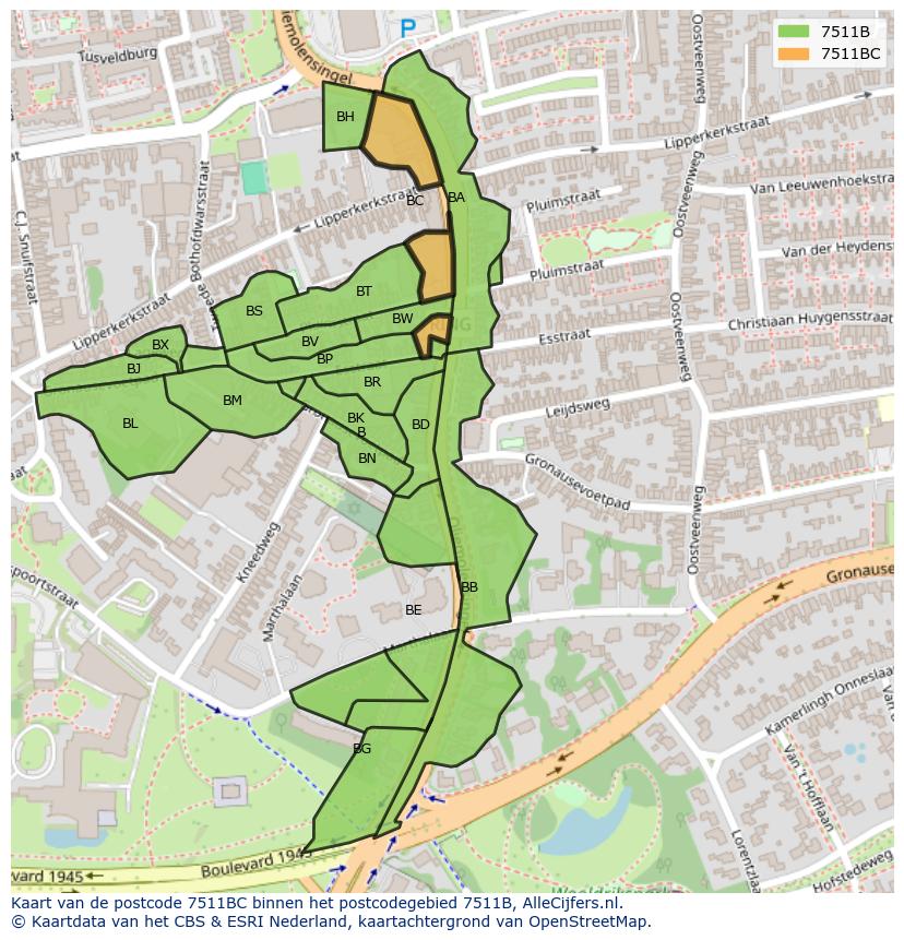 Afbeelding van het postcodegebied 7511 BC op de kaart.
