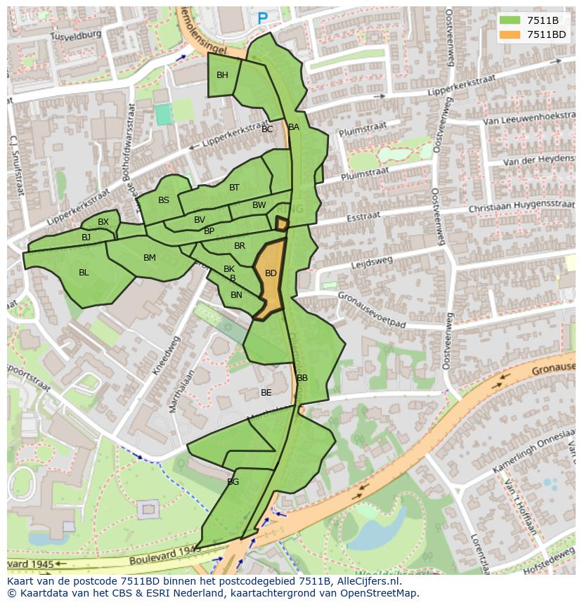 Afbeelding van het postcodegebied 7511 BD op de kaart.