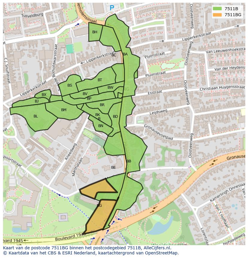 Afbeelding van het postcodegebied 7511 BG op de kaart.