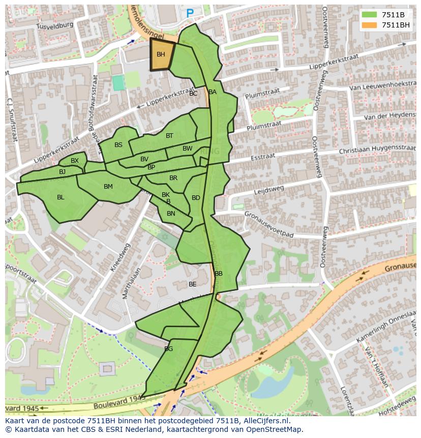 Afbeelding van het postcodegebied 7511 BH op de kaart.