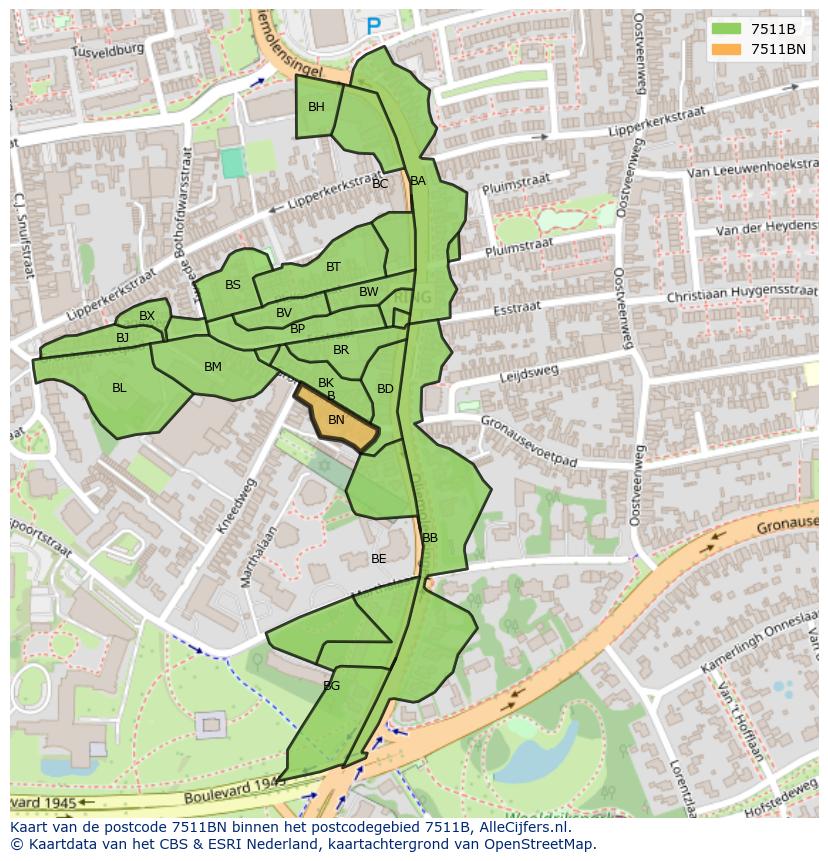 Afbeelding van het postcodegebied 7511 BN op de kaart.