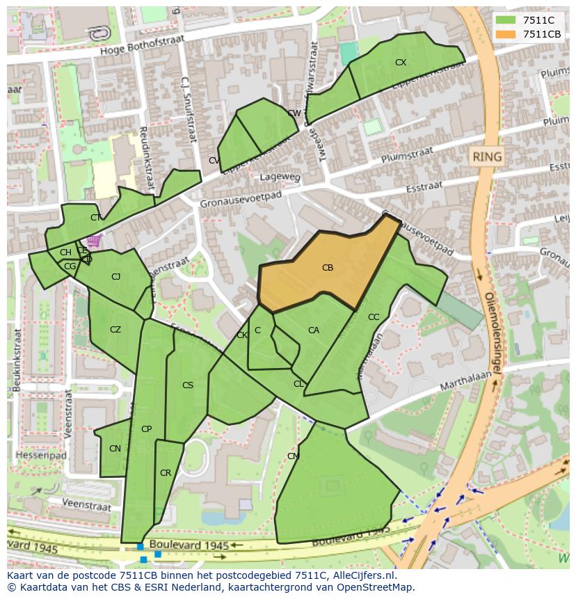 Afbeelding van het postcodegebied 7511 CB op de kaart.