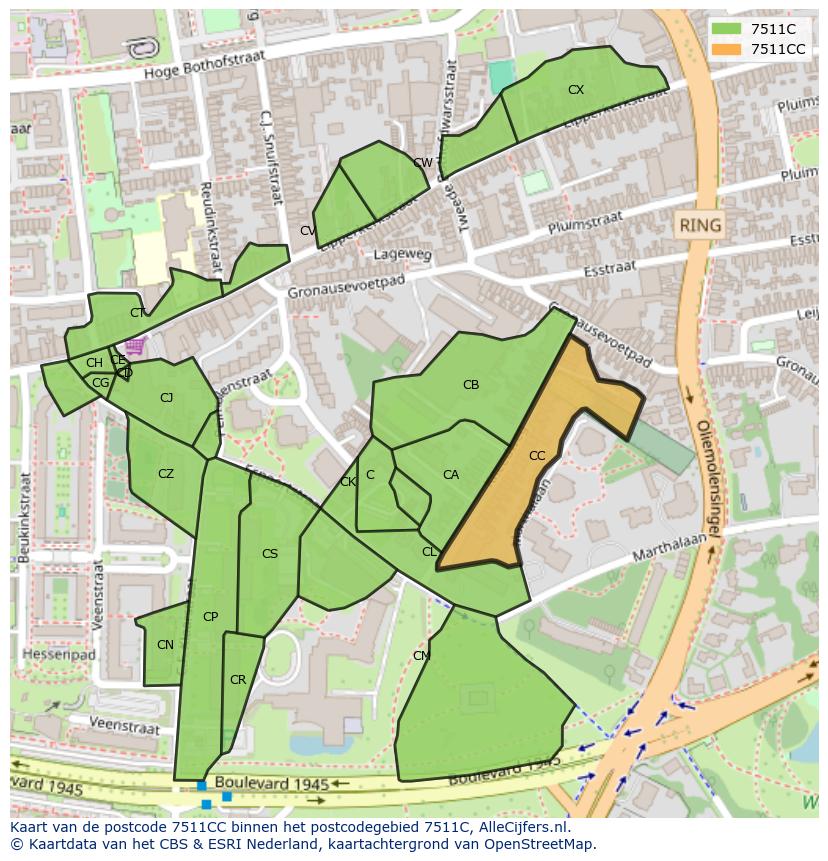 Afbeelding van het postcodegebied 7511 CC op de kaart.
