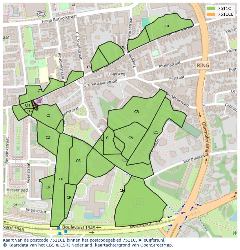 Afbeelding van het postcodegebied 7511 CE op de kaart.