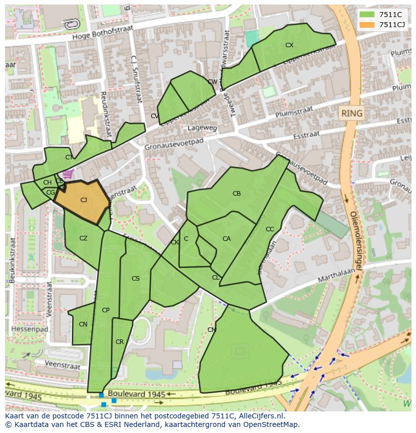 Afbeelding van het postcodegebied 7511 CJ op de kaart.