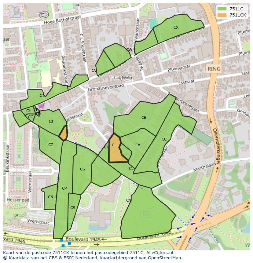Afbeelding van het postcodegebied 7511 CK op de kaart.