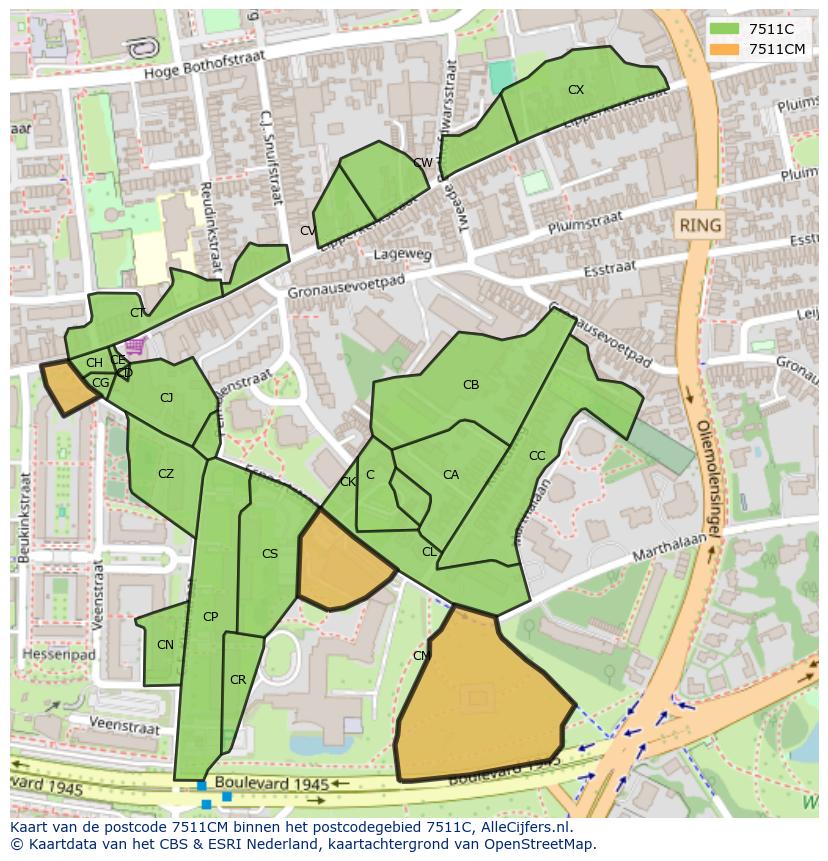 Afbeelding van het postcodegebied 7511 CM op de kaart.