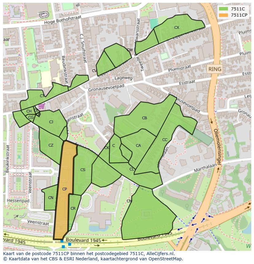 Afbeelding van het postcodegebied 7511 CP op de kaart.