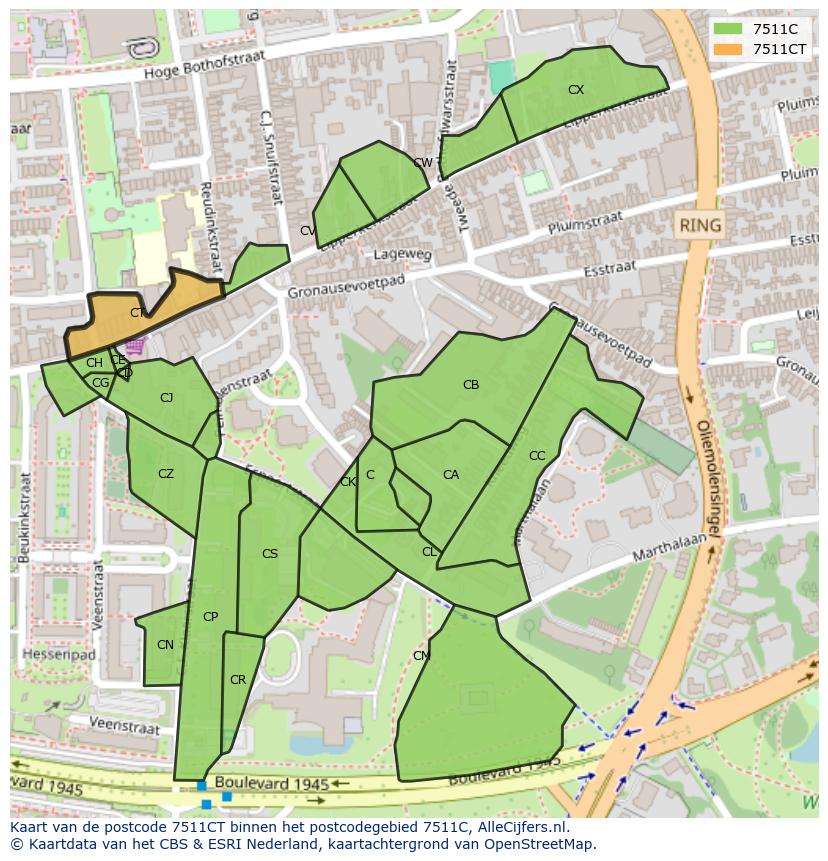 Afbeelding van het postcodegebied 7511 CT op de kaart.