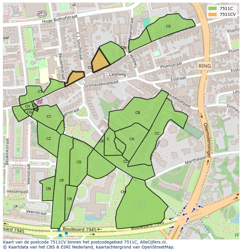 Afbeelding van het postcodegebied 7511 CV op de kaart.
