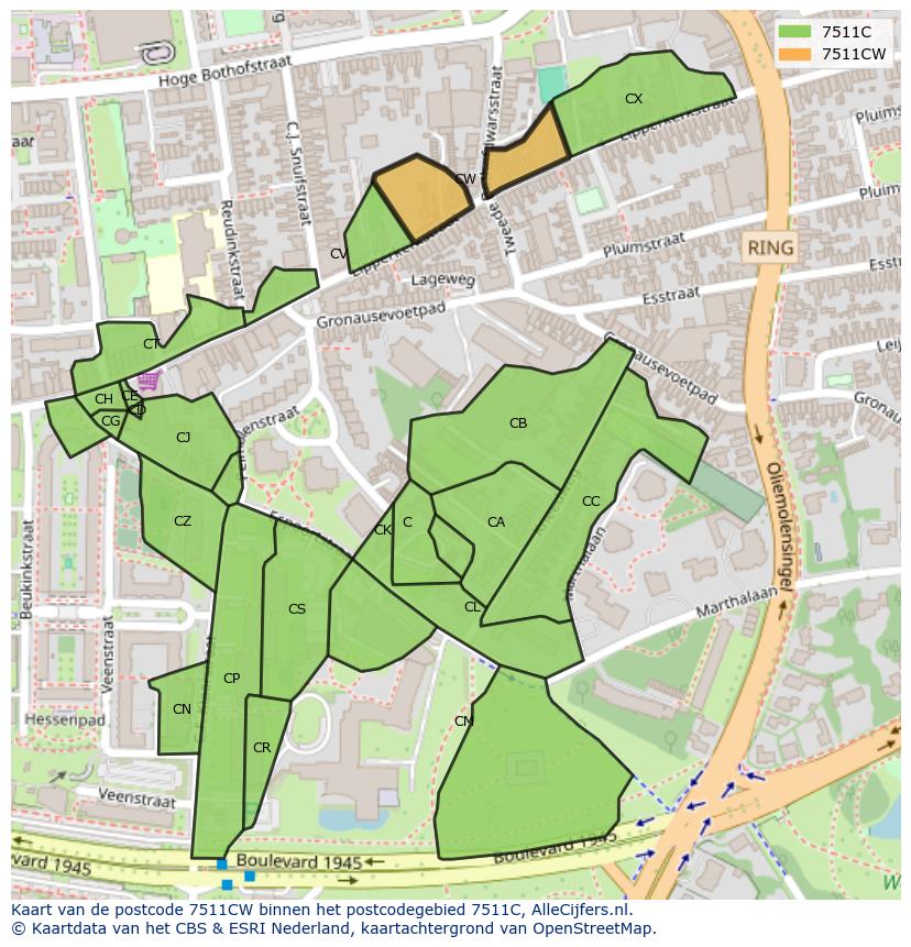 Afbeelding van het postcodegebied 7511 CW op de kaart.