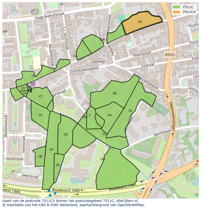 Afbeelding van het postcodegebied 7511 CX op de kaart.